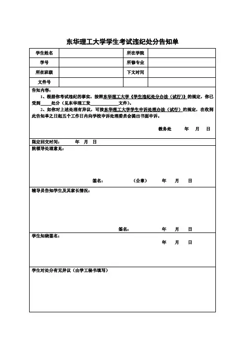 东华理工大学学生考试违纪处分告知单