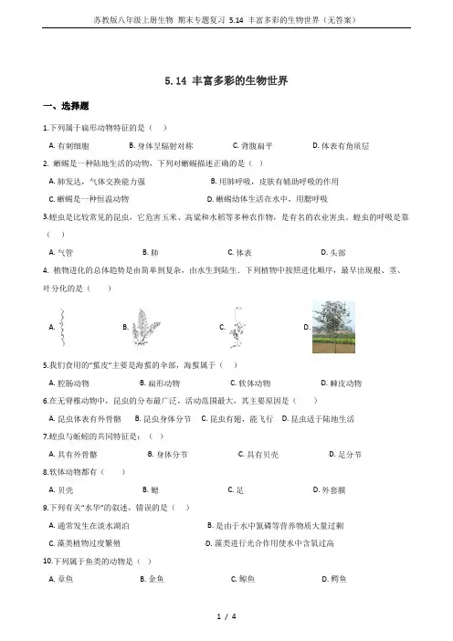 苏教版八年级上册生物 期末专题复习 5.14 丰富多彩的生物世界(无答案)