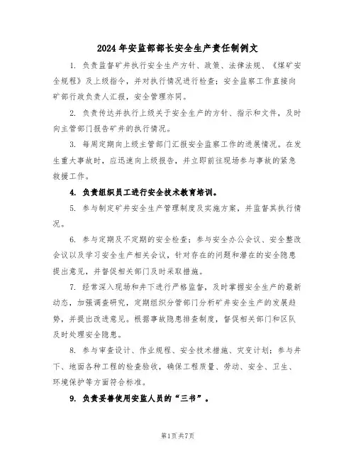 2024年安监部部长安全生产责任制例文（五篇）