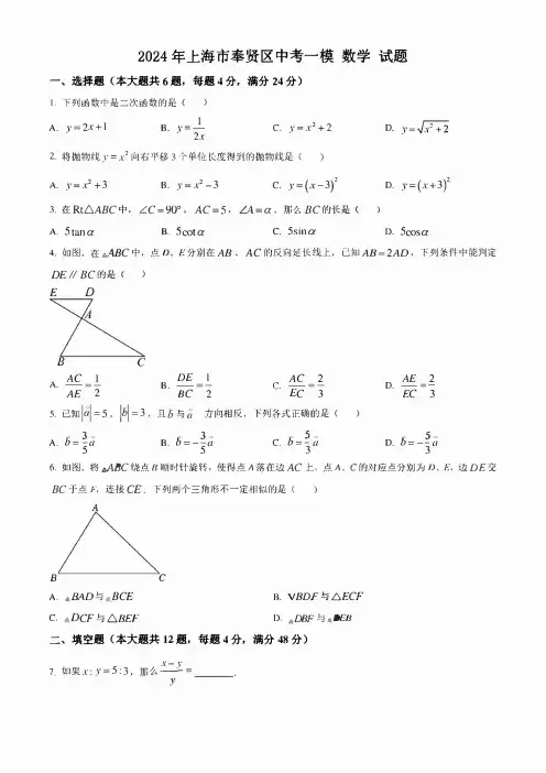 2024年上海市奉贤区中考一模 数学 试题(学生版+解析版)