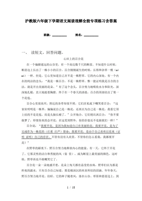 沪教版六年级下学期语文阅读理解全能专项练习含答案