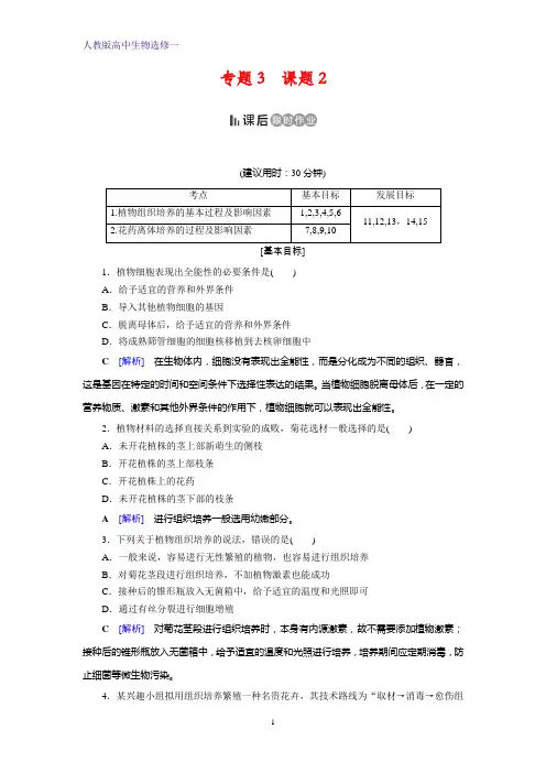 人教高中生物选修1 课后限时作业 专题3 植物的组织培养技术 课题2 含答案