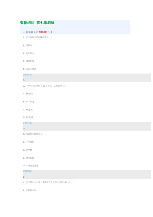 数据结构 第七章测验 测验答案 慕课答案 UOOC优课 课后练习 深圳大学