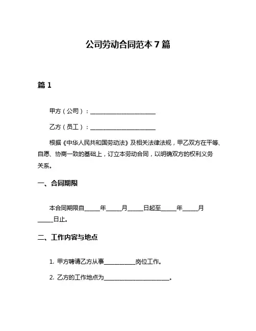 公司劳动合同范本7篇
