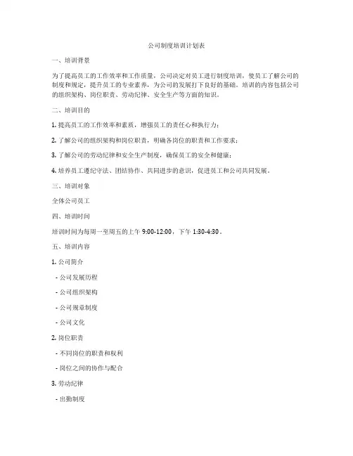 公司制度培训计划表