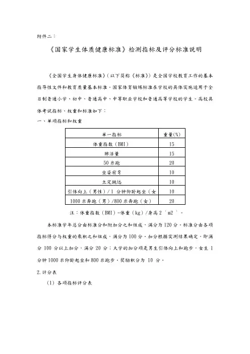 国家学生体质健康标准测试指标与评分标准说明