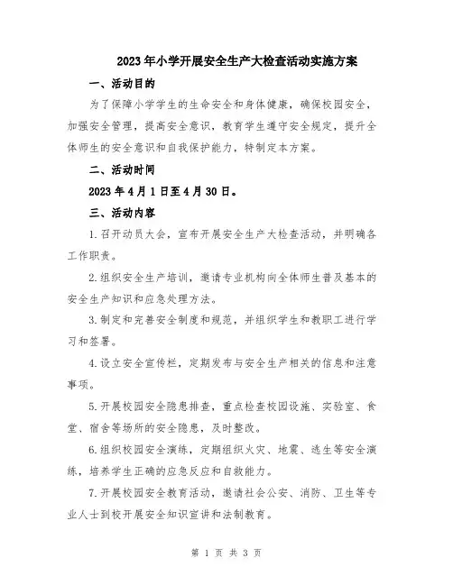 2023年小学开展安全生产大检查活动实施方案
