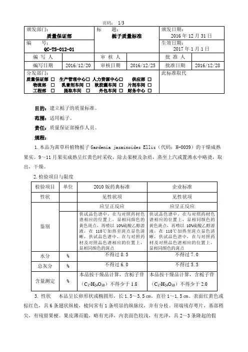 QC-TS-012-01 栀子质量标准
