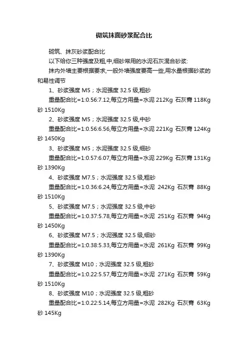 砌筑抹面砂浆配合比
