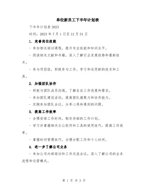 单位新员工下半年计划表