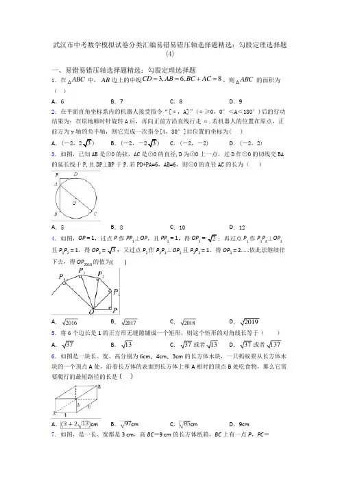 武汉市中考数学模拟试卷分类汇编易错易错压轴选择题精选:勾股定理选择题(4)