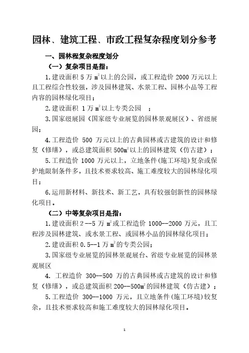 园林、建筑工程、市政工程复杂程度划分参考