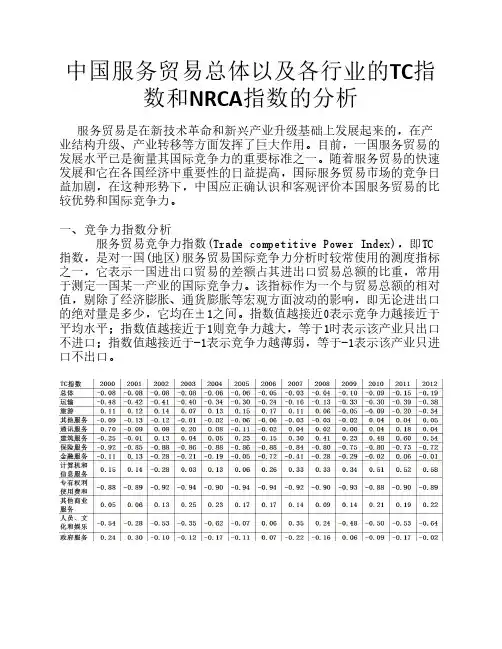 中国服务贸易总体以及各行业的TC指数和NRCA指数的分析