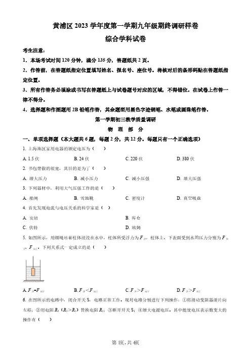2024年上海市黄浦区中考一模物理试题及解析