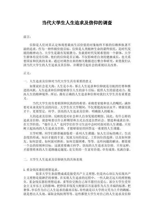 当代大学生人生追求及信仰的调查