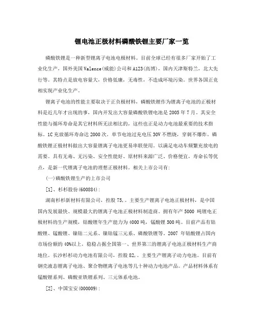 锂电池正极材料磷酸铁锂主要厂家一览