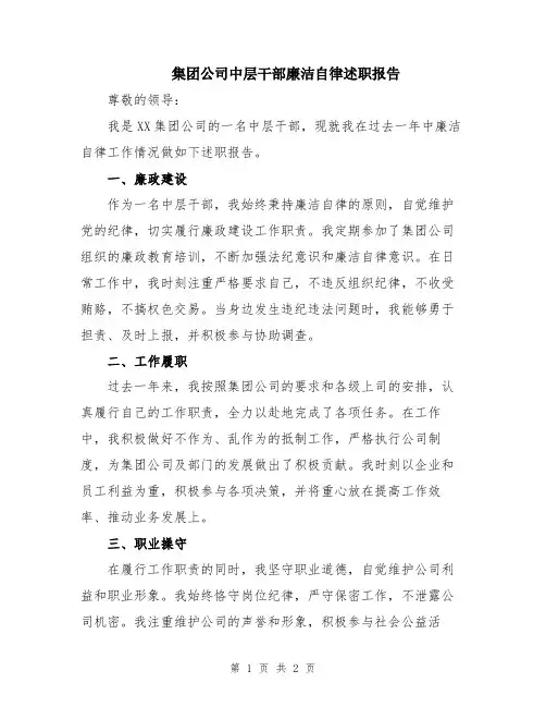 集团公司中层干部廉洁自律述职报告