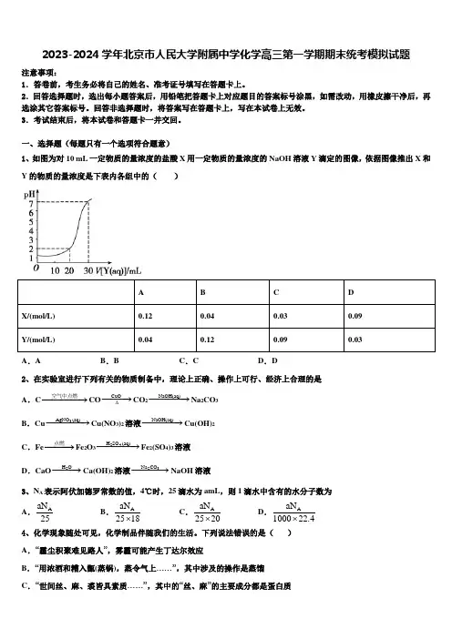 2023-2024学年北京市人民大学附属中学化学高三第一学期期末统考模拟试题含解析