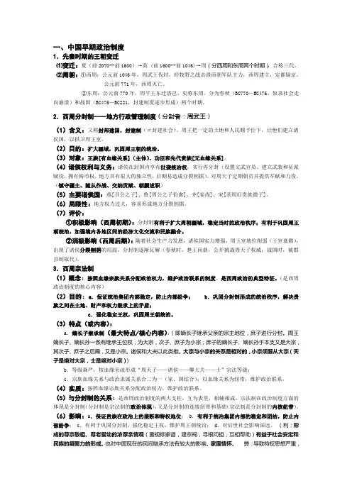 人民版高中历史必修一专题一 古代中国的政治制度复习提纲