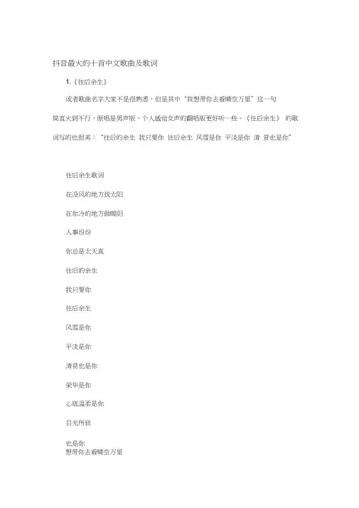 抖音最火的十首中文歌曲及歌词