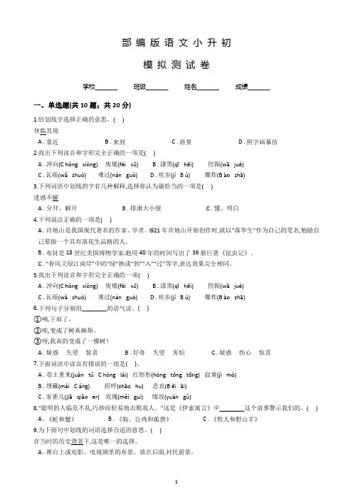 部编版小升初语文考试试卷(附答案解析)