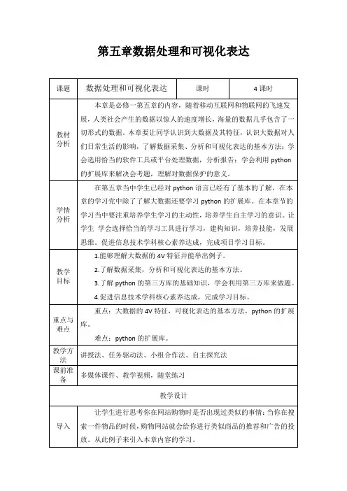 第五章数据处理和可视化表达 教学设计  2023—2024学年高中信息技术粤教版2019 必修1 