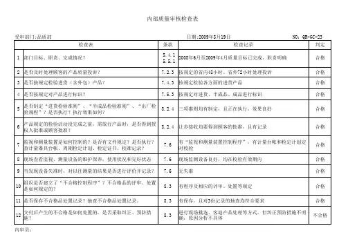品质部-内部质量审核检查表