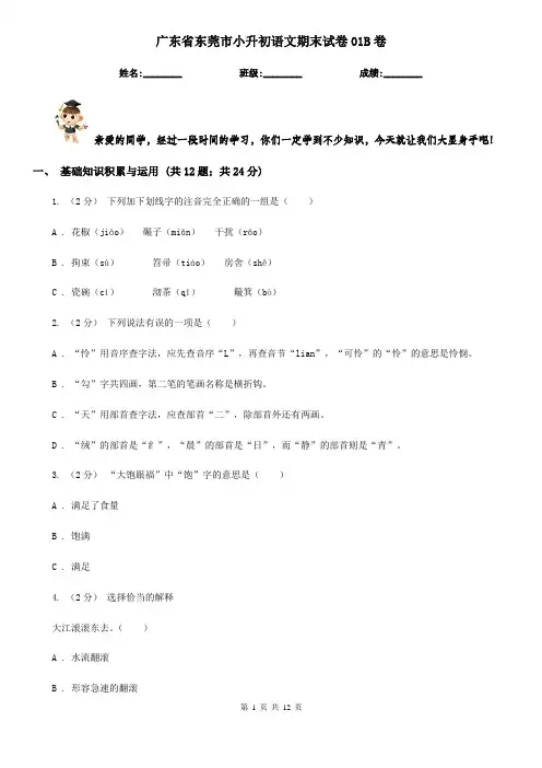 广东省东莞市小升初语文期末试卷01B卷