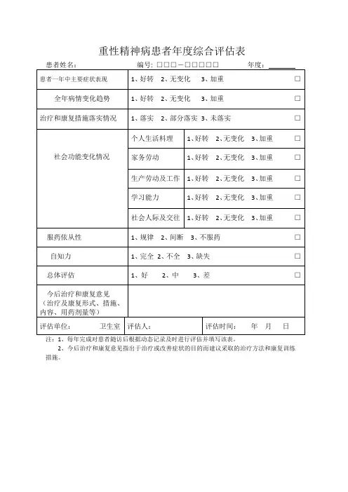 重性精神病患者健康管理年度综合评估表