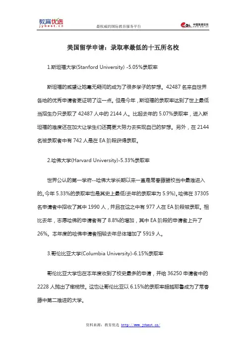美国留学申请：录取率最低的十五所名校