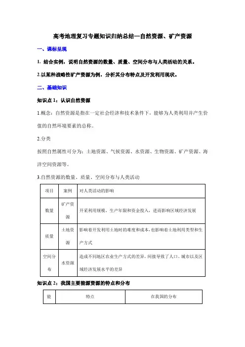 高考地理复习专题知识归纳总结—自然资源、矿产资源