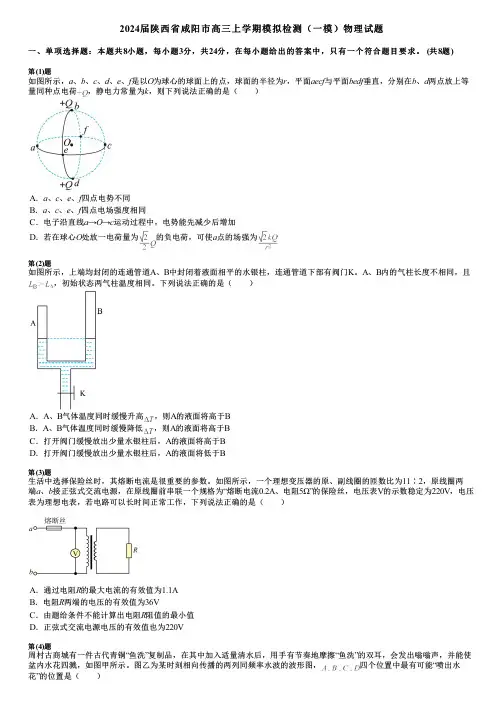 2024届陕西省咸阳市高三上学期模拟检测(一模)物理试题