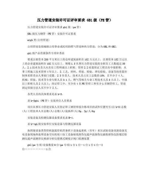 压力管道安装许可证评审要求 GB1级(PE管)