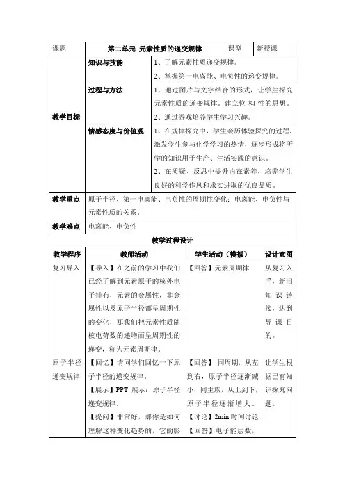苏教版高中化学选修3《元素性质的递变规律》名师教案