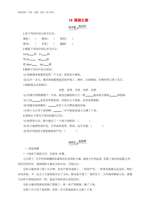 九年级语文上册第3单元10孤独之旅同步练习新版新人教版
