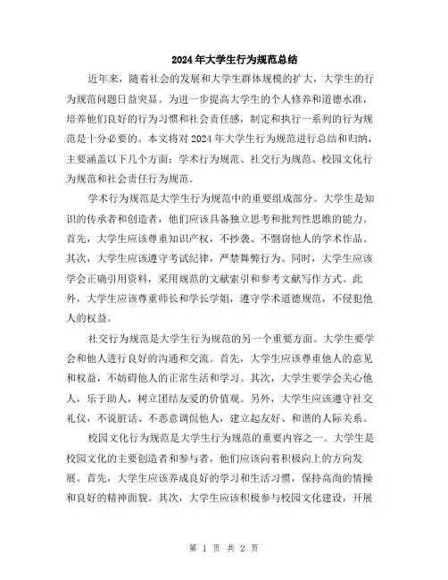 2024年大学生行为规范总结