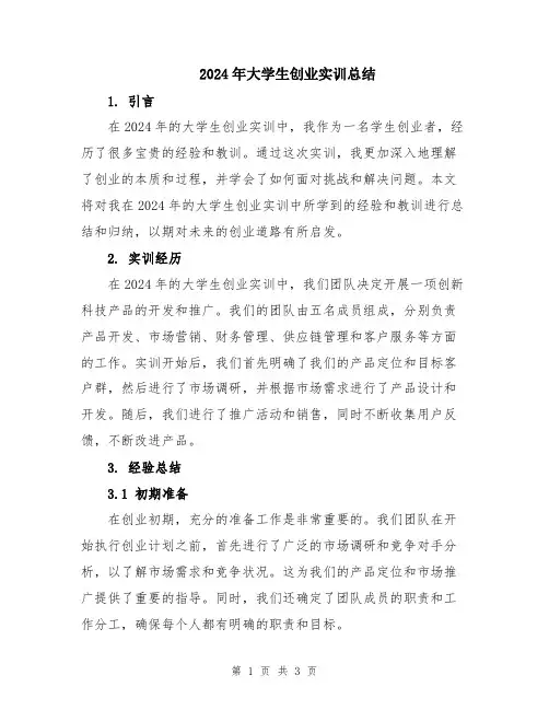 2024年大学生创业实训总结