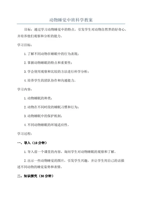 动物睡觉中班科学教案