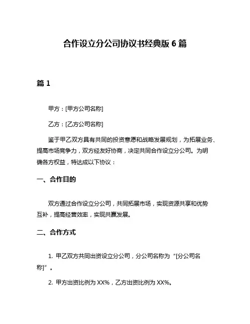 合作设立分公司协议书经典版6篇