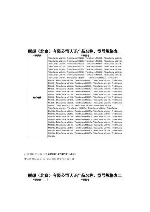 联想（北京）有限公司认证产品名称、型号规格表一