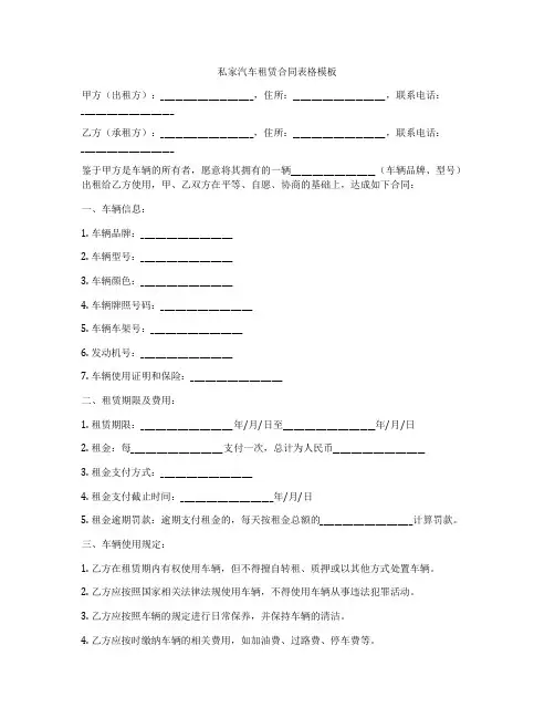 私家汽车租赁合同表格模板