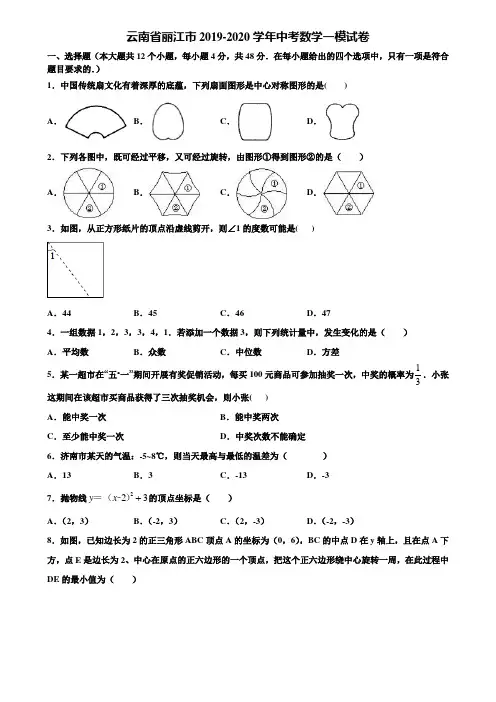 云南省丽江市2019-2020学年中考数学一模试卷含解析