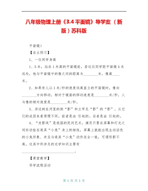 八年级物理上册《3.4平面镜》导学案 (新版)苏科版