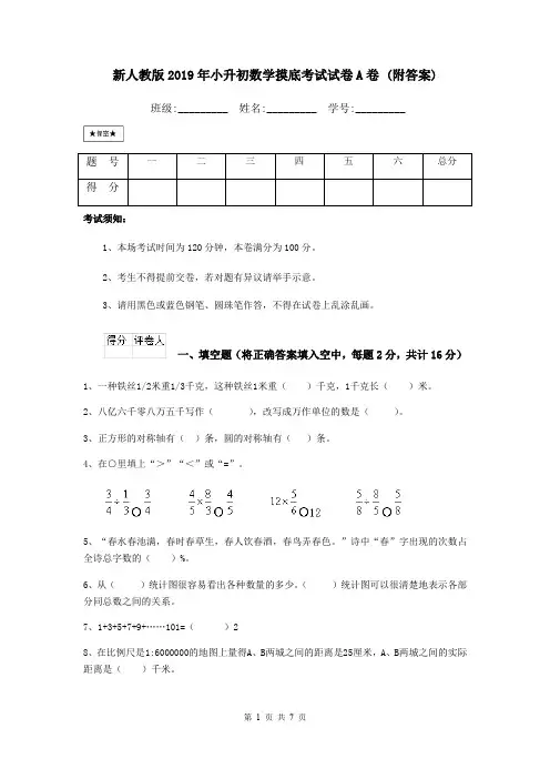 新人教版2019年小升初数学摸底考试试卷A卷 (附答案)