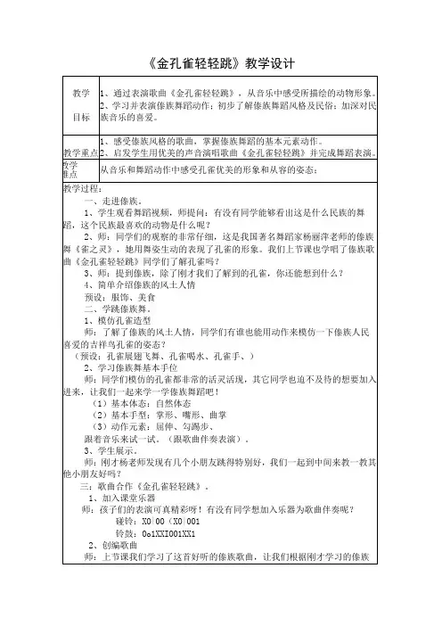 人音版 音乐二年级下册金孔雀轻轻跳教案
