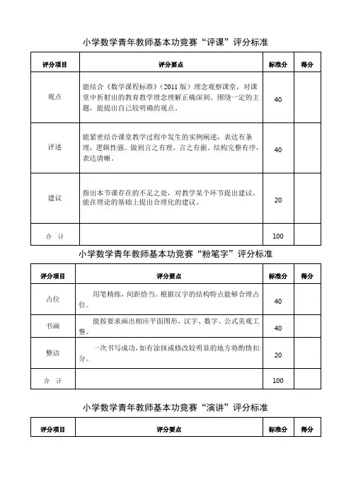 小学数学青年教师基本功竞赛评价标准 汇编