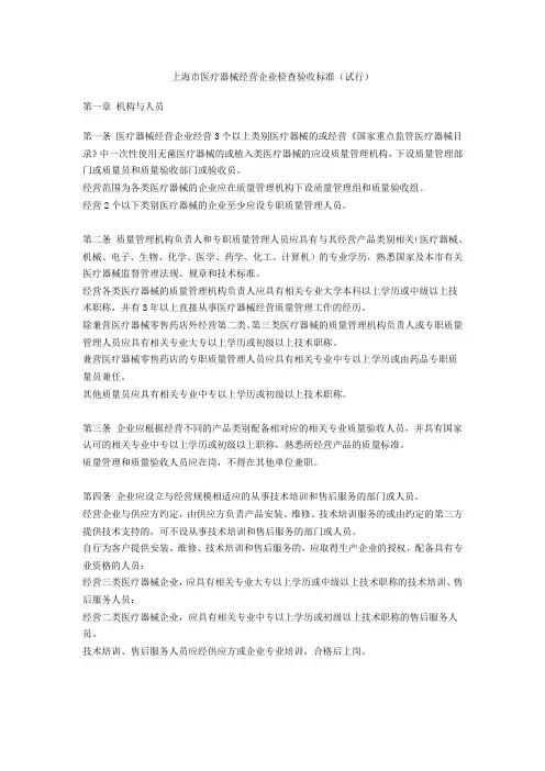 上海市医疗器械经营企业检查验收标准