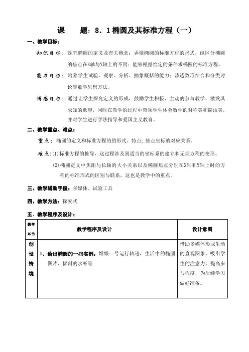 全国高中数学优质课：椭圆及其标准方程(一) 教学设计教案说课稿