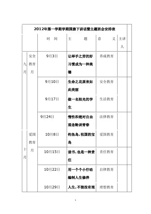 第一学期国旗下讲话暨主题班会安排表