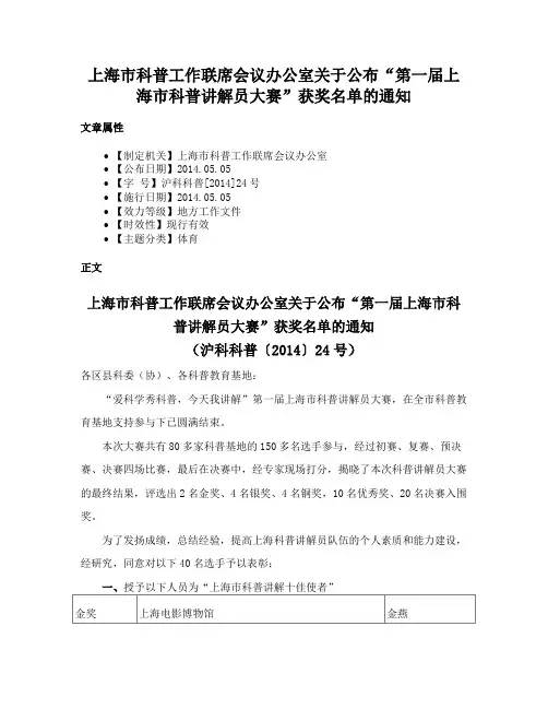 上海市科普工作联席会议办公室关于公布“第一届上海市科普讲解员大赛”获奖名单的通知
